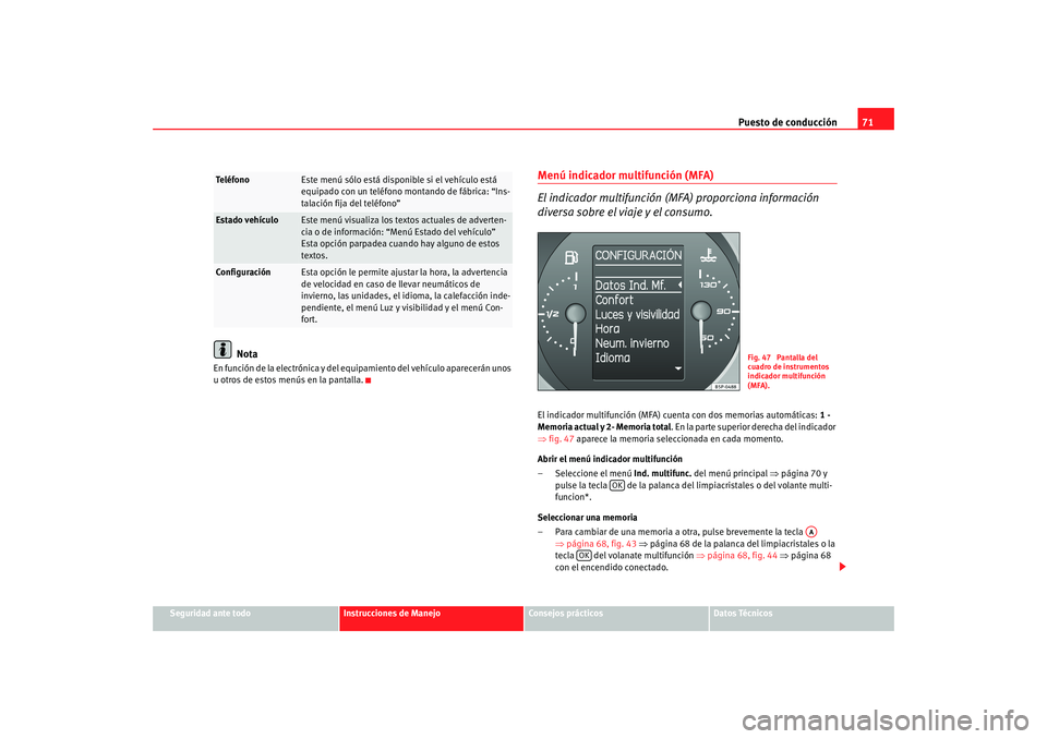 Seat Altea XL 2009 Manual del propietario (in Spanish) Puesto de conducción71
Seguridad ante todo
Instrucciones de Manejo
Consejos prácticos
Datos Técnicos
Nota
En función de la electrónica y del equipamiento del vehículo aparecerán unos
u otros d Seat Altea XL 2009 Manual del propietario (in Spanish) Puesto de conducción71
Seguridad ante todo
Instrucciones de Manejo
Consejos prácticos
Datos Técnicos
Nota
En función de la electrónica y del equipamiento del vehículo aparecerán unos
u otros d