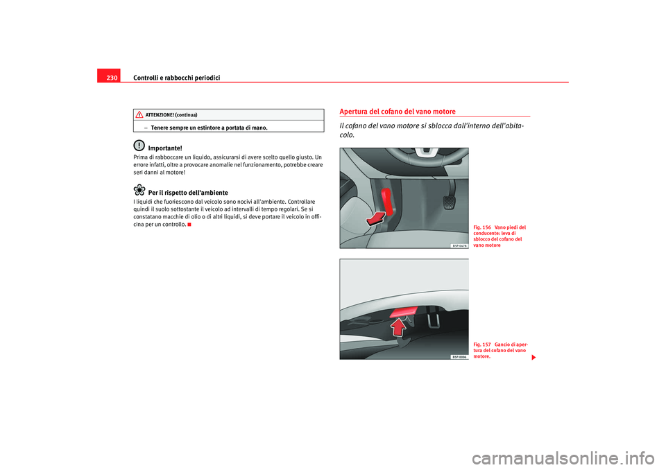 Seat Altea XL 2009 Manuale del proprietario (in Italian) Controlli e rabbocchi periodici
230
− Tenere sempre un estintore a portata di mano.Importante!
Prima di rabboccare un liquido, assicurarsi di avere scelto quello giusto. Un
errore infatti, oltre a Seat Altea XL 2009 Manuale del proprietario (in Italian) Controlli e rabbocchi periodici
230
− Tenere sempre un estintore a portata di mano.Importante!
Prima di rabboccare un liquido, assicurarsi di avere scelto quello giusto. Un
errore infatti, oltre a