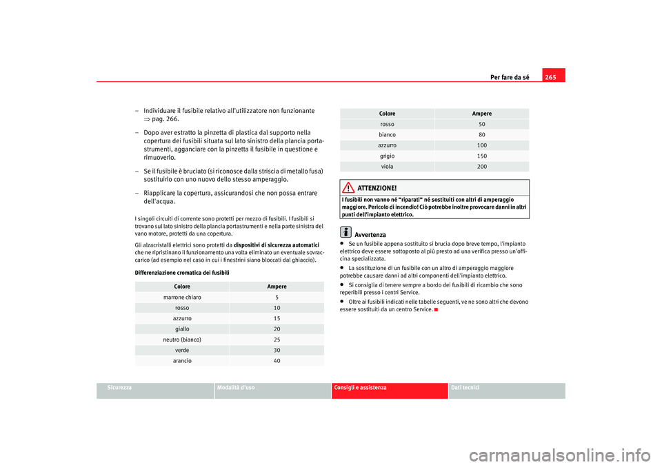 Seat Altea XL 2009  Manuale del proprietario (in Italian) Per fare da sé265
Sicurezza
Modalità duso
Consigli e assistenza
Dati tecnici
– Individuare il fusibile relativo allutilizzatore non funzionante 
⇒pag. 266.
– Dopo aver estratto la pinzetta d