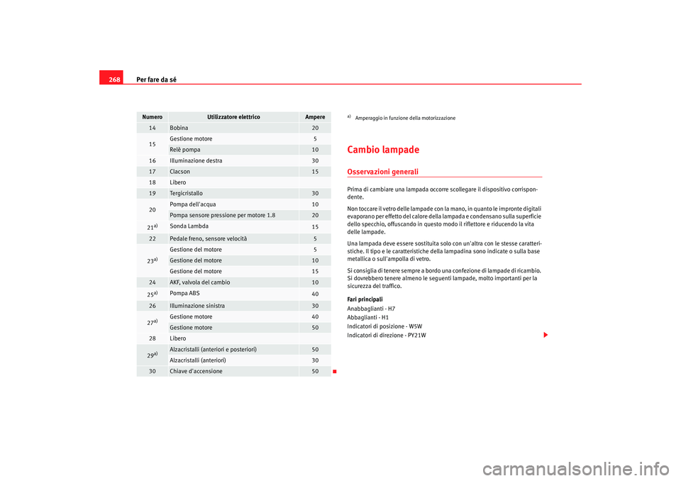 Seat Altea XL 2009  Manuale del proprietario (in Italian) Per fare da sé
268
Cambio lampadeOsservazioni generaliPrima di cambiare una lampada occorre scollegare il dispositivo corrispon-
dente.
Non toccare il vetro delle lampade con la  mano, in quanto le i
