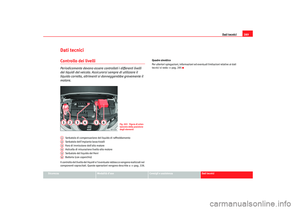 Seat Altea XL 2009  Manuale del proprietario (in Italian) Dati tecnici289
Sicurezza
Modalità duso
Consigli e assistenza
Dati tecnici
Dati tecniciControllo dei livelliPeriodicamente devono essere controllati i differenti livelli 
dei liquidi del veicolo. As