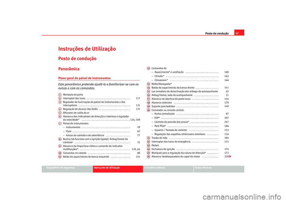 Seat Altea XL 2009  Manual do proprietário (in Portuguese)  Posto de condução57
Dispositivos de segurança
Instruções de Utilização
Conselhos práticos
Dados Técnicos
Instruções de UtilizaçãoPosto de conduçãoPanorâmicaPlano geral do painel de ins
