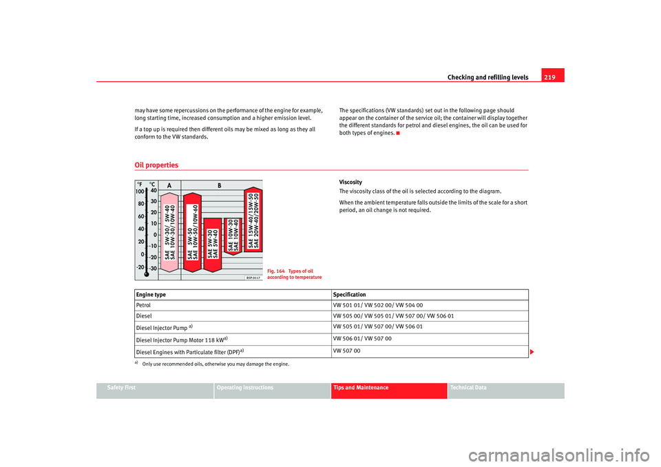 Seat Altea XL 2008  Owners Manual Checking and refilling levels219
Safety First
Operating instructions
Tips and Maintenance
Te c h n i c a l  D a t a
may have some repercussions on the pe
rformance of the engine for example, 
long sta