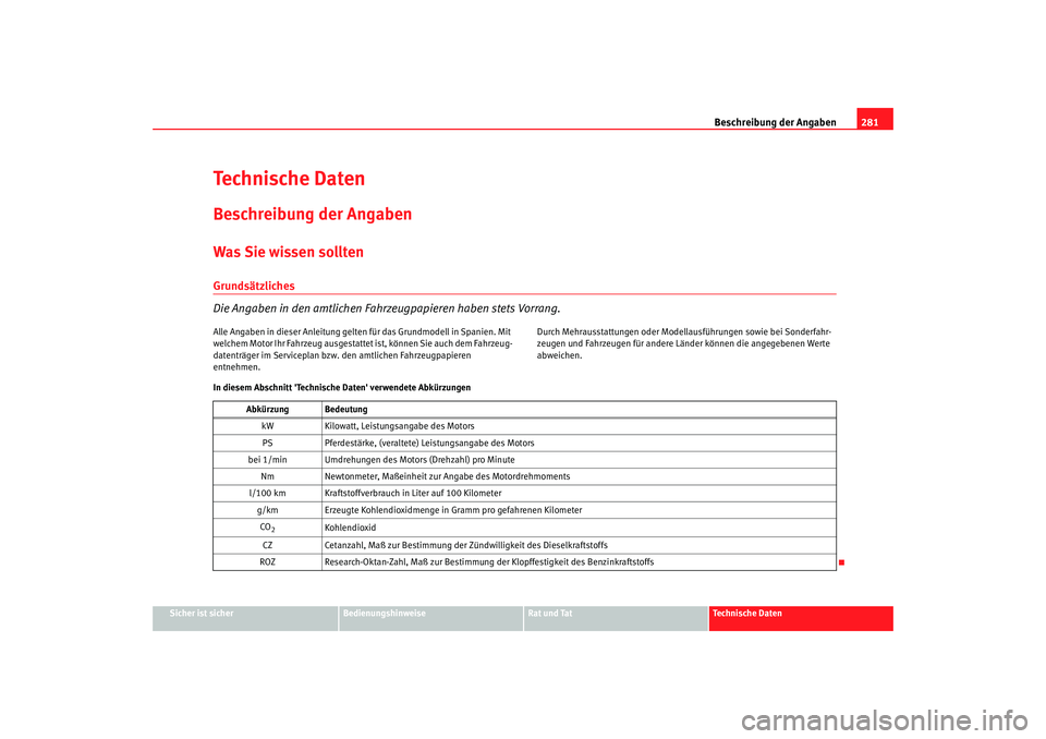 Seat Altea XL 2008  Betriebsanleitung (in German) Beschreibung der Angaben281
Sicher ist sicher
Bedienungshinweise
Rat und Tat
Technische Daten
Te c h n i s c h e  D a t e nBeschreibung der AngabenWas Sie wissen solltenGrundsätzliches
Die Angaben in