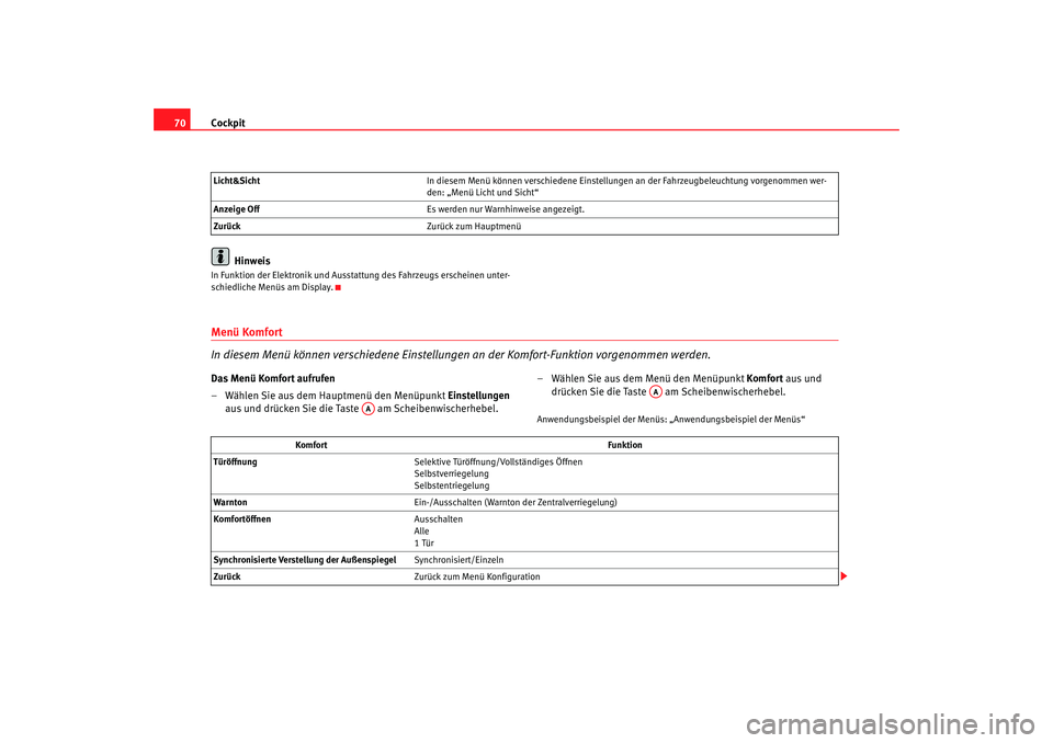 Seat Altea XL 2008  Betriebsanleitung (in German) Cockpit
70
HinweisIn Funktion der Elektronik und Ausstattung des Fahrzeugs erscheinen unter-
schiedliche Menüs am Display.Menü Komfort
In diesem Menü können verschiedene Einstellungen an der Komfo