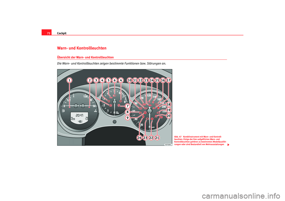 Seat Altea XL 2008  Betriebsanleitung (in German) Cockpit
72Warn- und Kontrollleuchten Übersicht der Warn- und Kontrollleuchten
Die Warn- und Kontrollleuchten zeigen bestimmte Funktionen bzw. Störungen an.
Abb. 47  Kombiinstrument mit Warn- und Kon