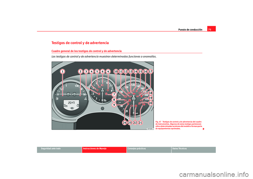 Seat Altea XL 2008 Manual del propietario (in Spanish) Puesto de conducción75
Seguridad ante todo
Instrucciones de Manejo
Consejos prácticos
Datos Técnicos
Testigos de control y de advertencia Cuadro general de los testigos de control y de advertencia
Seat Altea XL 2008 Manual del propietario (in Spanish) Puesto de conducción75
Seguridad ante todo
Instrucciones de Manejo
Consejos prácticos
Datos Técnicos
Testigos de control y de advertencia Cuadro general de los testigos de control y de advertencia