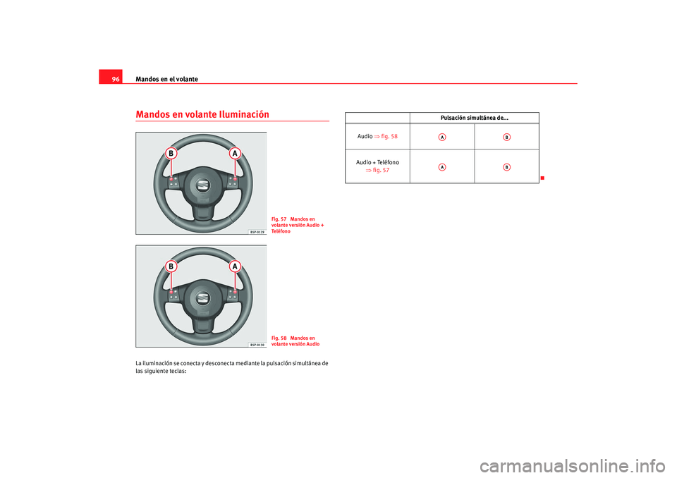 Seat Altea XL 2008  Manual del propietario (in Spanish) Mandos en el volante
96Mandos en volante IluminaciónLa iluminación se conecta y desconecta mediante la pulsación simultánea de 
las siguiente teclas:
Fig. 57  Mandos en 
volante versión Audio + 
