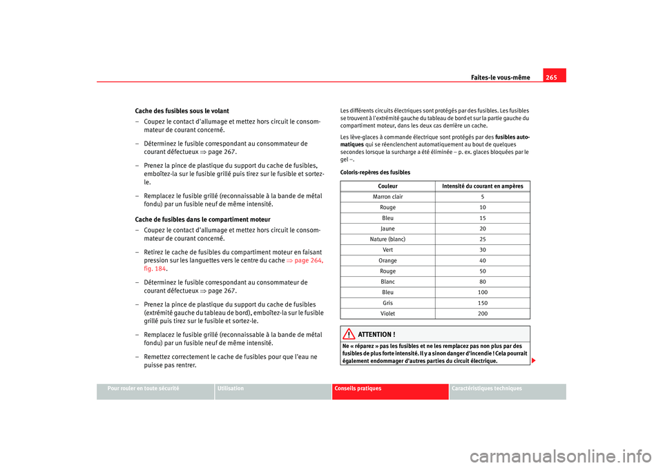 Seat Altea XL 2008 Manuel du propriétaire (in French) Faites-le vous-même265
Pour rouler en toute sécurité
Utilisation
Conseils pratiques
Caractéristiques techniques
Cache des fusibles sous le volant
– Coupez le contact dallumage et mettez hors ci Seat Altea XL 2008 Manuel du propriétaire (in French) Faites-le vous-même265
Pour rouler en toute sécurité
Utilisation
Conseils pratiques
Caractéristiques techniques
Cache des fusibles sous le volant
– Coupez le contact dallumage et mettez hors ci