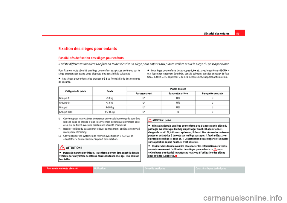 Seat Altea XL 2008 Manuel du propriétaire (in French) Sécurité des enfants53
Pour rouler en toute sécurité
Utilisation
Conseils pratiques
Caractéristiques techniques
Fixation des sièges pour enfantsPossibilités de fixation des sièges pour enfants Seat Altea XL 2008 Manuel du propriétaire (in French) Sécurité des enfants53
Pour rouler en toute sécurité
Utilisation
Conseils pratiques
Caractéristiques techniques
Fixation des sièges pour enfantsPossibilités de fixation des sièges pour enfants