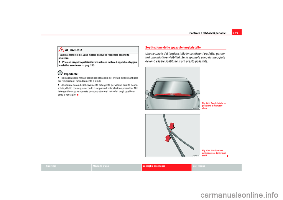 Seat Altea XL 2008  Manuale del proprietario (in Italian) Controlli e rabbocchi periodici233
Sicurezza
Modalità duso
Consigli e assistenza
Dati tecnici
ATTENZIONE!
I lavori al motore o nel vano motore si devono realizzare con molta 
prudenza.•
Prima di e