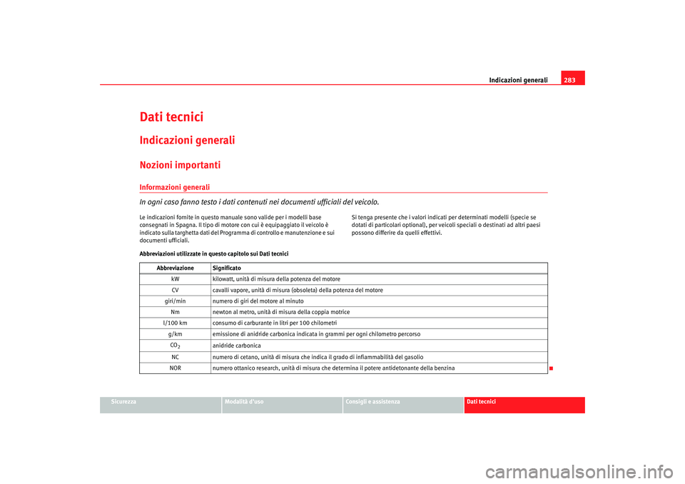 Seat Altea XL 2008  Manuale del proprietario (in Italian) Indicazioni generali283
Sicurezza
Modalità duso
Consigli e assistenza
Dati tecnici
Dati tecniciIndicazioni generaliNozioni importantiInformazioni generali
In ogni caso fanno testo i dati contenuti n