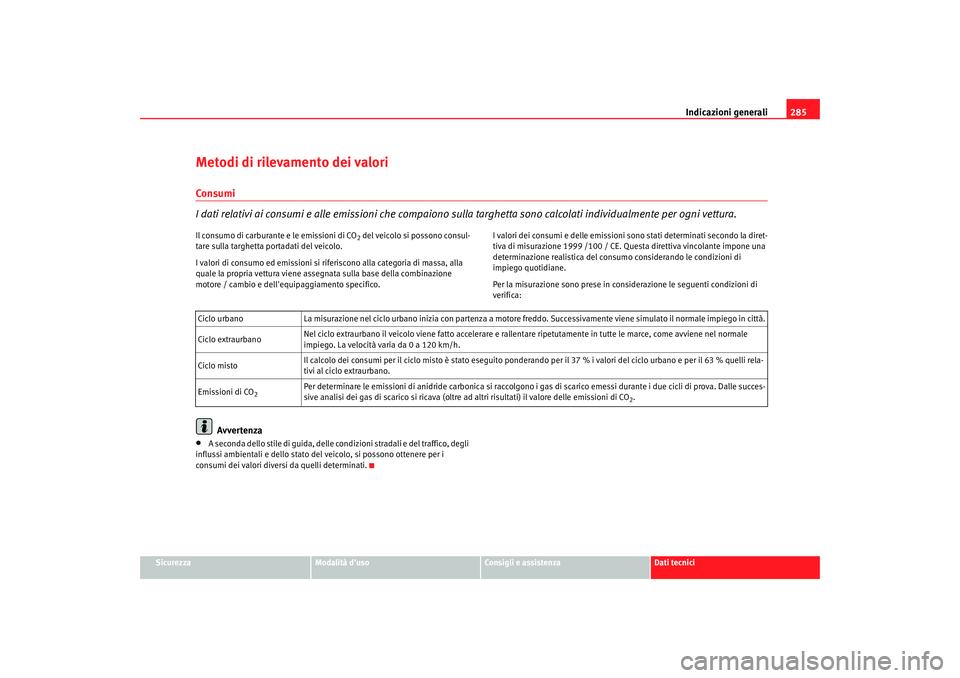 Seat Altea XL 2008  Manuale del proprietario (in Italian) Indicazioni generali285
Sicurezza
Modalità duso
Consigli e assistenza
Dati tecnici
Metodi di rilevamento dei valoriConsumi
I dati relativi ai consumi e alle emissioni che compaiono sulla targhetta s