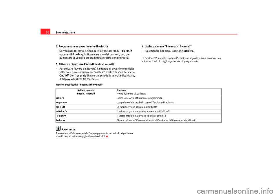 Seat Altea XL 2008  Manuale del proprietario (in Italian) Strumentazione
70
4. Programmare un avvertimento di velocità 
– Servendosi del tasto, selezionare la voce del menu  +10 km/h 
oppure  -10 km/h , quindi premere uno dei pulsanti, uno per 
aumentare 