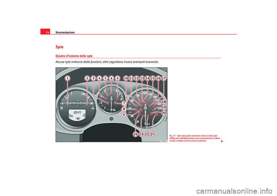 Seat Altea XL 2008 Manuale del proprietario (in Italian) Strumentazione
74Spie Quadro dinsieme delle spie
Alcune spie indicano delle funzioni, altre segnalano invece eventuali anomalie.
Fig. 47 Spie nel quadro strumenti. Alcune delle spie
raffigurate nel Seat Altea XL 2008 Manuale del proprietario (in Italian) Strumentazione
74Spie Quadro dinsieme delle spie
Alcune spie indicano delle funzioni, altre segnalano invece eventuali anomalie.
Fig. 47 Spie nel quadro strumenti. Alcune delle spie
raffigurate nel