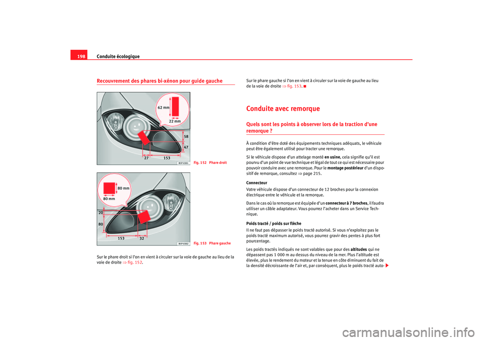 Seat Ateca XL 2007 Manuel du propriétaire (in French) Conduite écologique
198Recouvrement des phares bi-xénon pour guide gaucheSur le phare droit si l’on en vient à circuler sur la voie de gauche au lieu de la
voie de droite ⇒fig. 152 . Sur le p Seat Ateca XL 2007 Manuel du propriétaire (in French) Conduite écologique
198Recouvrement des phares bi-xénon pour guide gaucheSur le phare droit si l’on en vient à circuler sur la voie de gauche au lieu de la
voie de droite ⇒fig. 152 . Sur le p