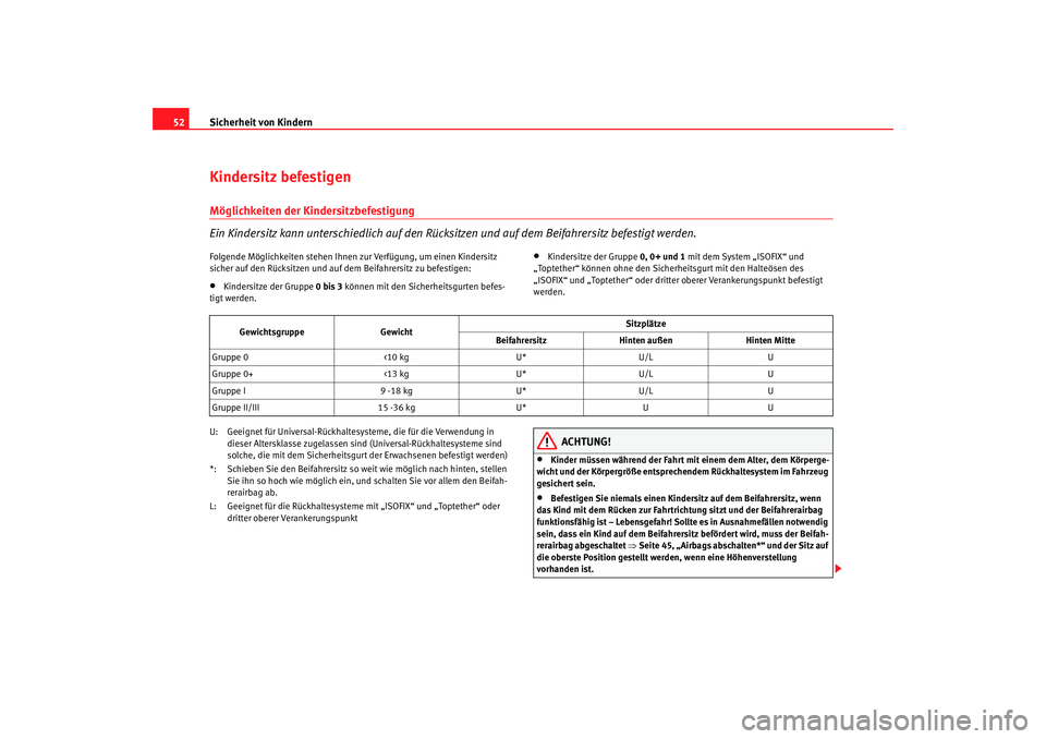 Seat Ateca XL 2006 Betriebsanleitung (in German) Sicherheit von Kindern
52Kindersitz befestigenMöglichkeiten der Kindersitzbefestigung
Ein Kindersitz kann unterschiedlich auf den Rücksitzen und auf dem Beifahrersitz befestigt werden.Folgende Mögl Seat Ateca XL 2006 Betriebsanleitung (in German) Sicherheit von Kindern
52Kindersitz befestigenMöglichkeiten der Kindersitzbefestigung
Ein Kindersitz kann unterschiedlich auf den Rücksitzen und auf dem Beifahrersitz befestigt werden.Folgende Mögl