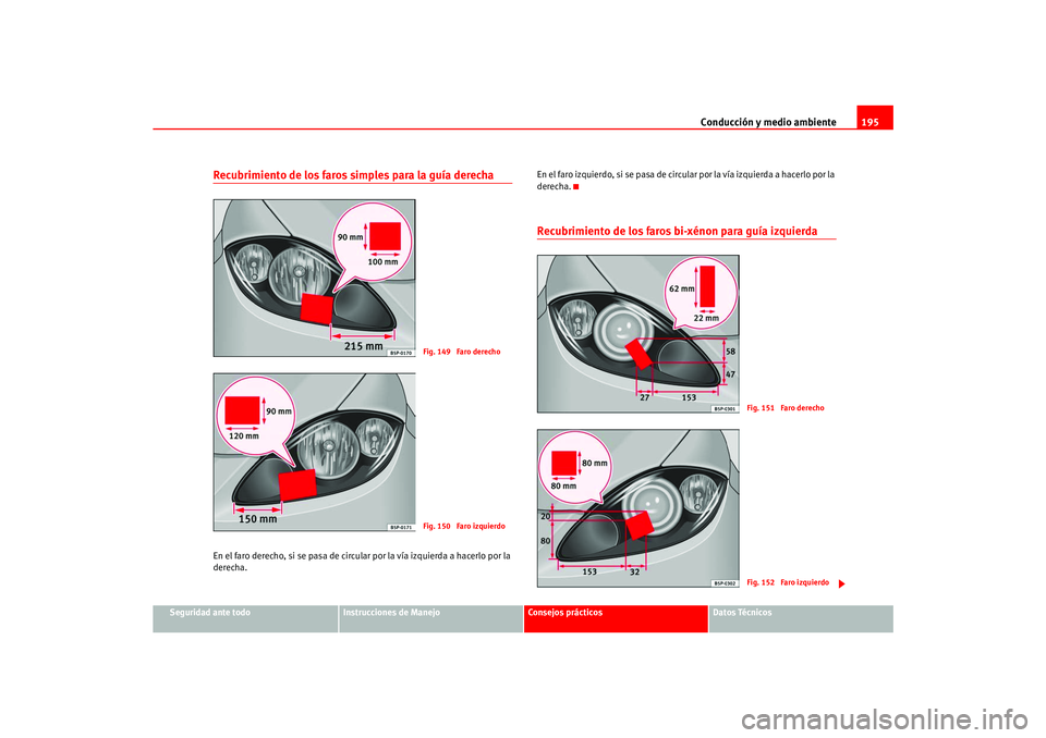 Seat Ateca XL 2006  Manual del propietario (in Spanish) Conducción y medio ambiente195
Seguridad ante todo
Instrucciones de Manejo
Consejos prácticos
Datos Técnicos
Recubrimiento de los faros simples para la guía derechaEn el faro derecho, si se pasa d