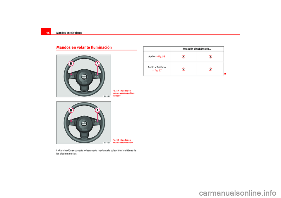 Seat Ateca XL 2006  Manual del propietario (in Spanish) Mandos en el volante
96Mandos en volante IluminaciónLa iluminación se conecta y desconecta mediante la pulsación simultánea de 
las siguiente teclas:
Fig. 57  Mandos en 
volante versión Audio + 
