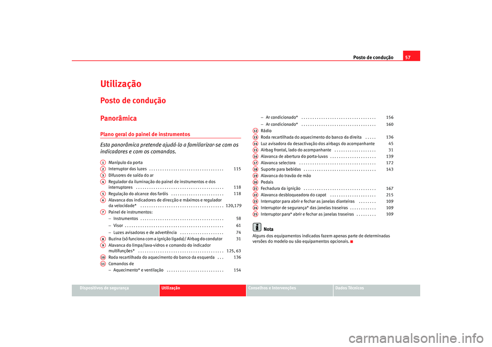 Seat Ateca XL 2006  Manual do proprietário (in Portuguese)  Posto de condução57
Dispositivos de segurança
Utilização
Conselhos e Intervenções
Dados Técnicos
UtilizaçãoPosto de conduçãoPanorâmicaPlano geral do painel de instrumentos
Esta panorâmic