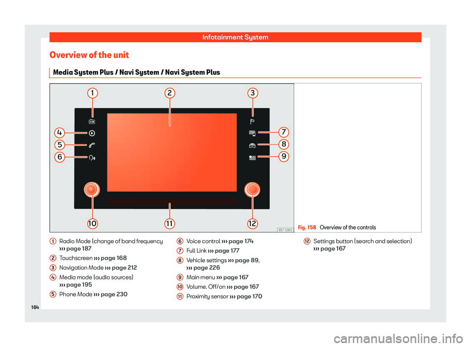 Seat Ateca 2020  Owners Manual Infotainment System
Overview of the unit Media Syst em Plus / Navi Syst
em / Navi System Plus Fig. 158 
Overview of the controls Radio Mode (change of band frequency

