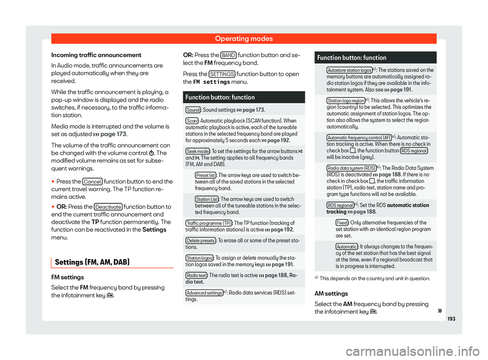 Seat Ateca 2020  Owners Manual Operating modes
Incoming traffic announcement
In Audio mode , tr
affic announcements ar e
pl ayed aut
omatically when they are
received.
While the traffic announcement is playing, a
pop-up window is d