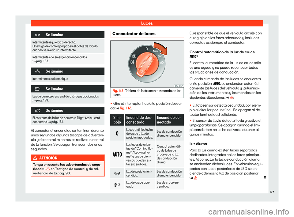 Seat Ateca 2020  Manual del propietario (in Spanish) Luces
�
Se ilumina
Intermitente izquierdo o derecho.
El testigo de control parpadea el doble de r 