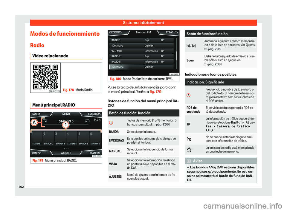 Seat Ateca 2020  Manual del propietario (in Spanish) Sistema Infotainment
Modos de funcionamiento
R adio
Video r elacionado Fig. 178
Modo Radio Men