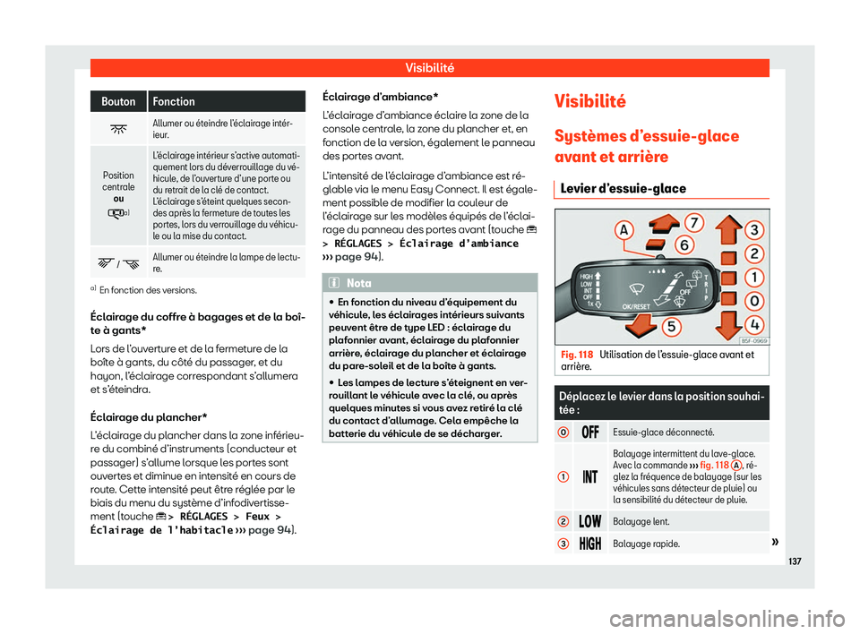 Seat Ateca 2020  Manuel du propriétaire (in French)  Visibilité
Bouton Fonction
� Allumer ou 