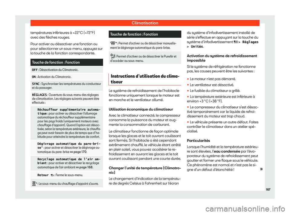 Seat Ateca 2020  Manuel du propriétaire (in French)  Climatisation
températures inférieures à +22°C (+72°F)
av ec des fl
èches rouges.
Pour activer ou désactiver une fonction ou
pour sélectionner un sous-menu, appuyez sur
la touche de la fonctio