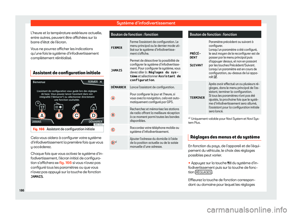 Seat Ateca 2020  Manuel du propriétaire (in French)  Système d’infodivertissement
L’heure et la température extérieure actuelle,
entr e autr
es, peuvent être affichées sur la
barre d’état de l’écran.
Vous ne pourrez afficher les indicatio
