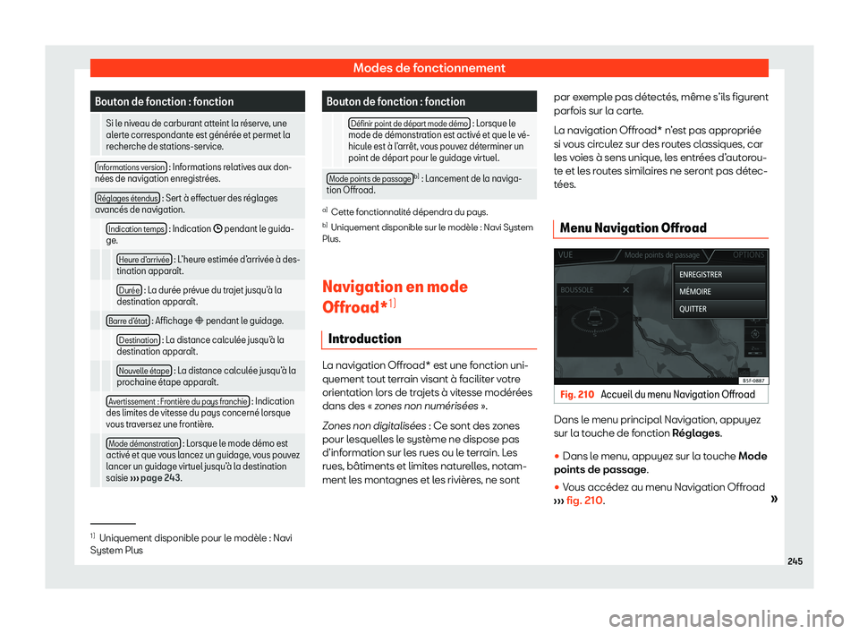 Seat Ateca 2020  Manuel du propriétaire (in French)  Modes de fonctionnement
Bouton de fonction : fonction
  Si le niveau de carburant atteint la r