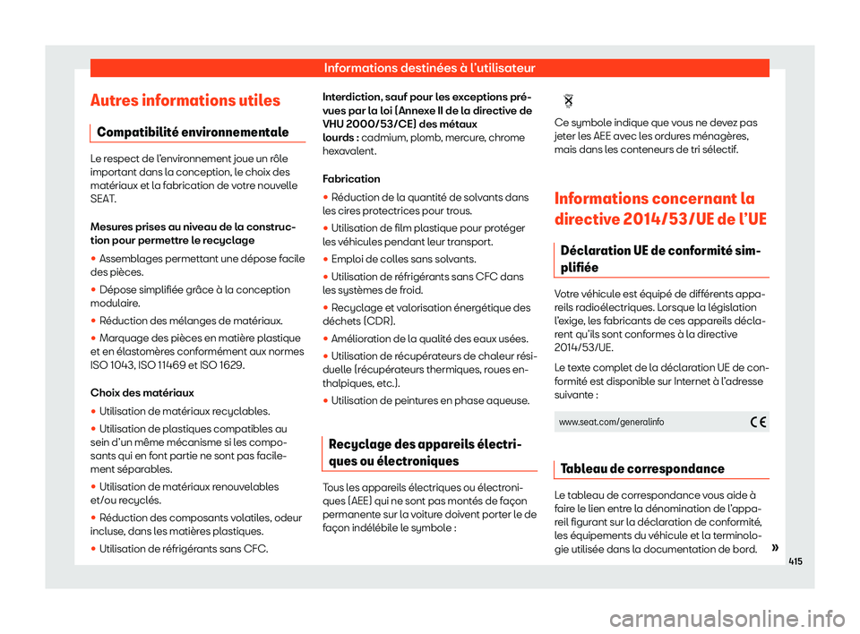 Seat Ateca 2020  Manuel du propriétaire (in French)  Informations destinées à l’utilisateur
Autres informations utiles Compatibilit 