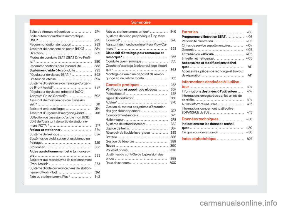 Seat Ateca 2020  Manuel du propriétaire (in French)  Sommaire
Boîte de vitesses mécanique . . . . . . . . . . . . . . . 274
Boîte automatique/boîte automatique
DSG* . . . . . . . . . . . . . . . . . . . . . . . . . . . . . . . . . . . . . . 275
Reco