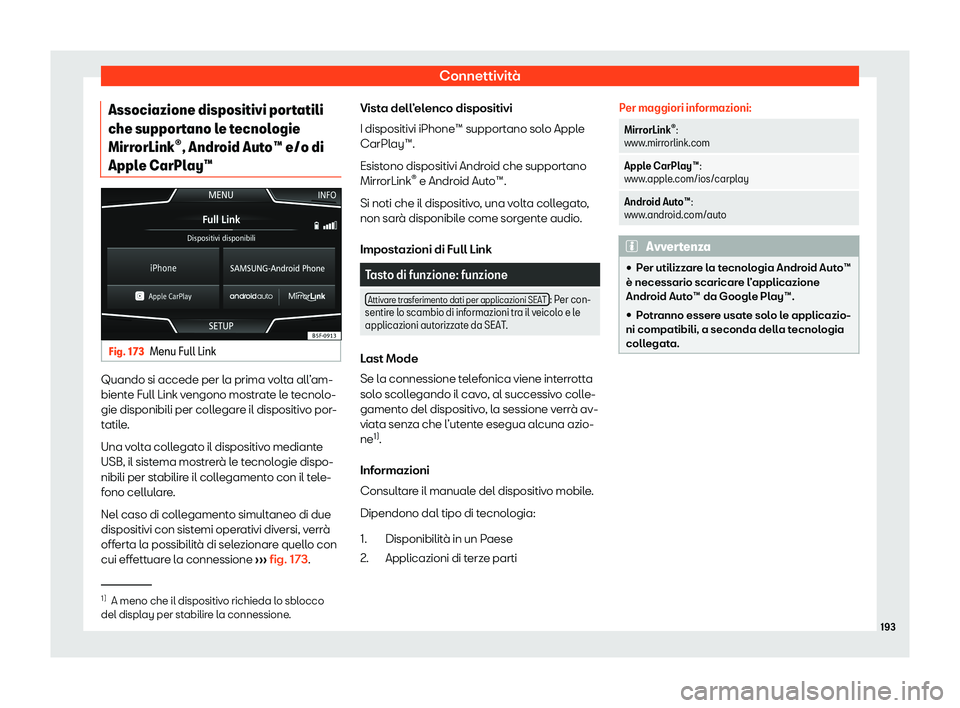Seat Ateca 2020  Manuale del proprietario (in Italian) Connettività
Associazione dispositivi portatili
che suppor t
ano le tecnologie
MirrorLink 