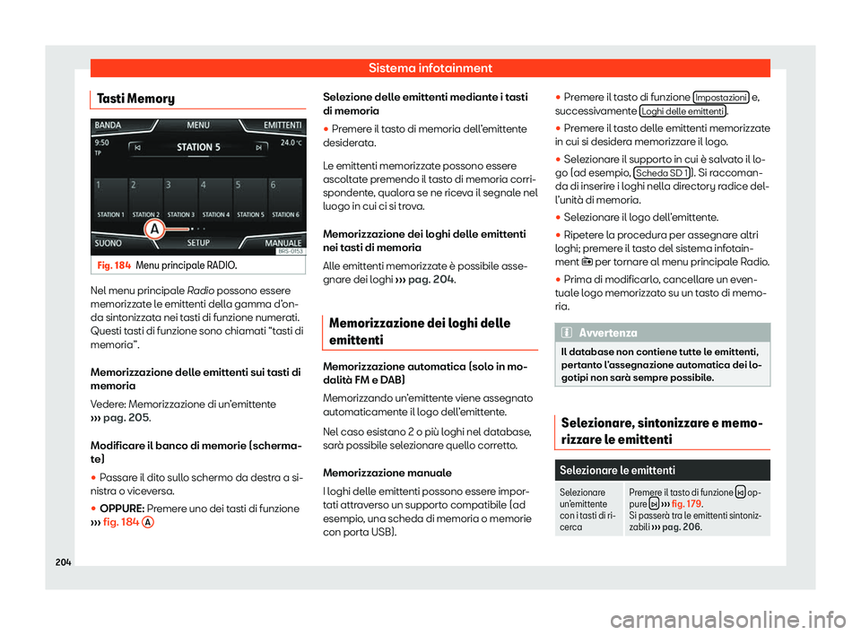 Seat Ateca 2020  Manuale del proprietario (in Italian) Sistema infotainment
Tasti Memory Fig. 184
Menu principale RADIO. Nel menu principale R
adio
 possono essere
memorizzate le emittenti della gamma d’on-
da sintonizzata nei tasti di funzione numerati