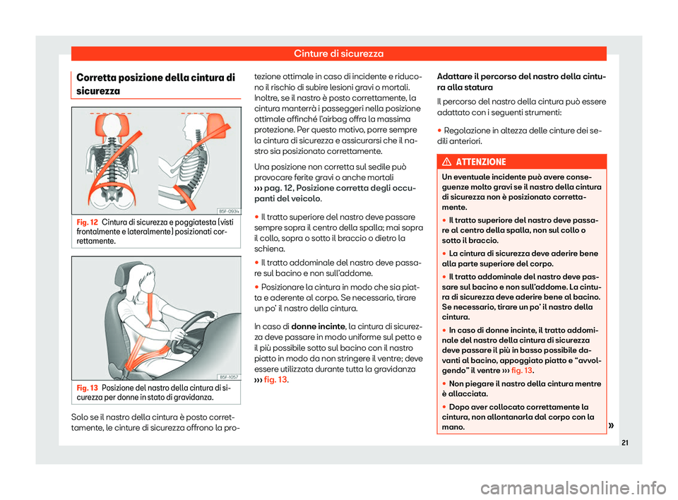 Seat Ateca 2020  Manuale del proprietario (in Italian) Cinture di sicurezza
Corretta posizione della cintura di
sicur e
zza Fig. 12
Cintura di sicurezza e poggiatesta (visti
fr ont

almente e lateralmente) posizionati cor-
rettamente. Fig. 13
Posizione de