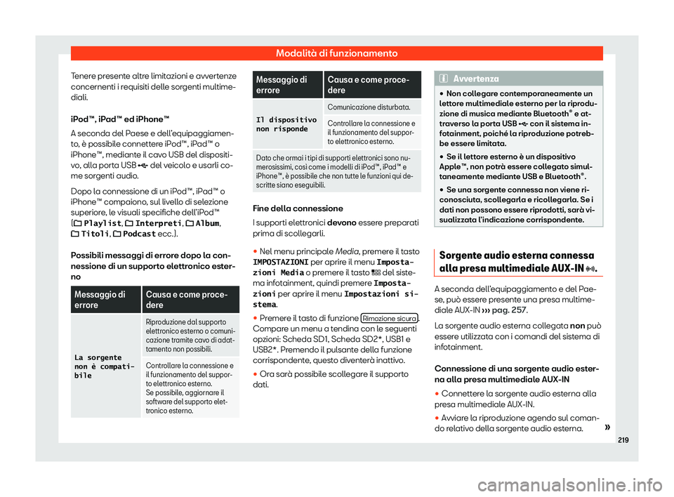 Seat Ateca 2020  Manuale del proprietario (in Italian) Modalità di funzionamento
Tenere presente altre limitazioni e avvertenze
concernenti i r equisiti dell
e sorgenti multime-
diali.
iPod™, iPad™ ed iPhone™
A seconda del Paese e dell’equipaggia
