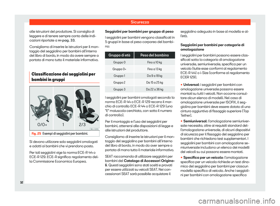 Seat Ateca 2020  Manuale del proprietario (in Italian) Sicurezza
alle istruzioni del produttore. Si consiglia di
l egger
e e di tenere sempre conto delle indi-
cazioni riportate a  ››› pag. 33.
Consigliamo di inserire le istruzioni per il mon-
taggi