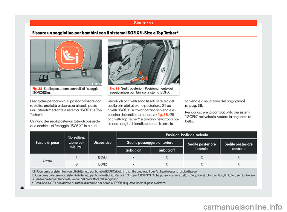Seat Ateca 2020  Manuale del proprietario (in Italian) Sicurezza
Fissare un seggiolino per bambini con il sistema ISOFIX/i-Size e Top Tether* Fig. 28
Sedile posteriore: occhielli di fissaggio
ISOFIX/iSiz e
. Fig. 29
Sedili posteriori: Posizionamento dei
s