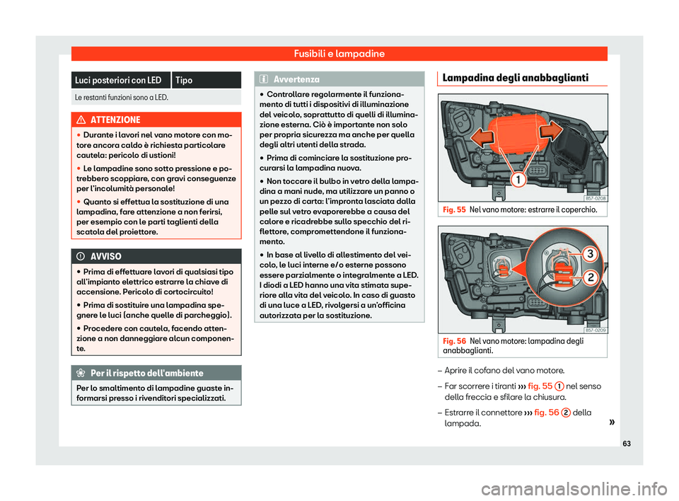 Seat Ateca 2020  Manuale del proprietario (in Italian) Fusibili e lampadine
Luci posteriori con LED Tipo
Le restanti funzioni sono a LED. ATTENZIONE
