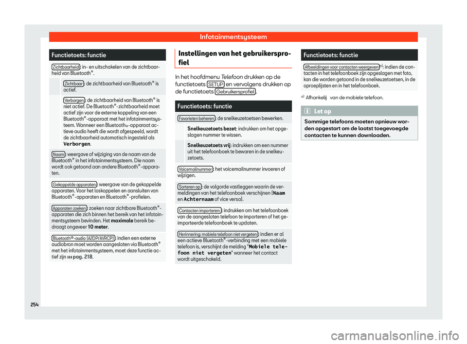 Seat Ateca 2020  Handleiding (in Dutch) Infotainmentsysteem
Functietoets: functie
Zichtbaarheid : in- en uitschakelen van de zichtbaar-
heid v an Bluet
ooth 