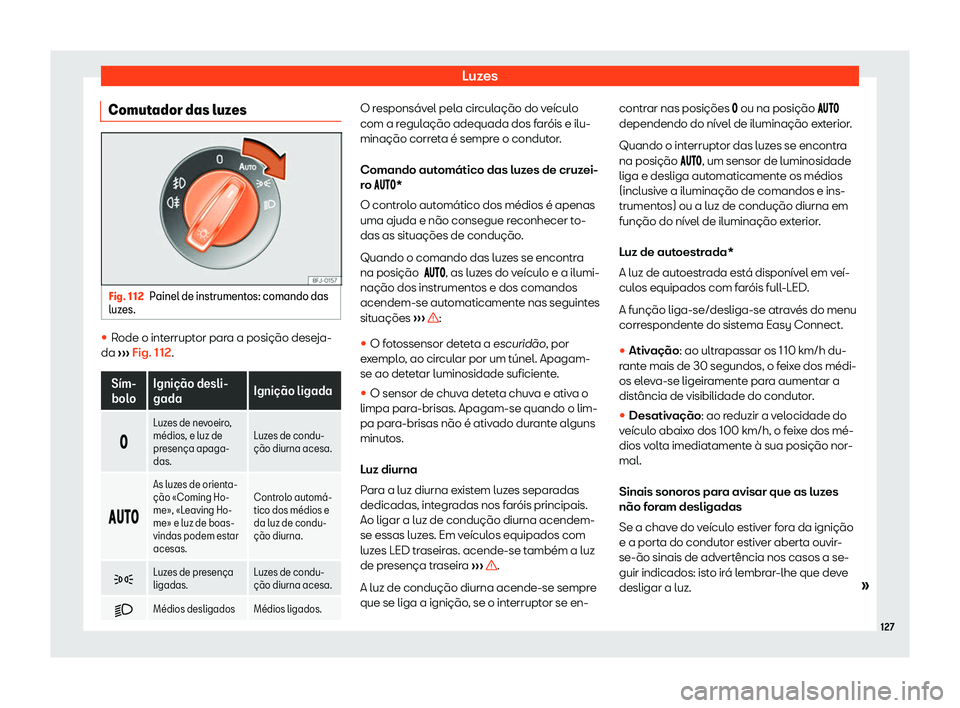Seat Ateca 2020  Manual do proprietário (in Portuguese)  Luzes
Comutador das luzes Fig. 112
Painel de instrumentos: comando das
luz es. 