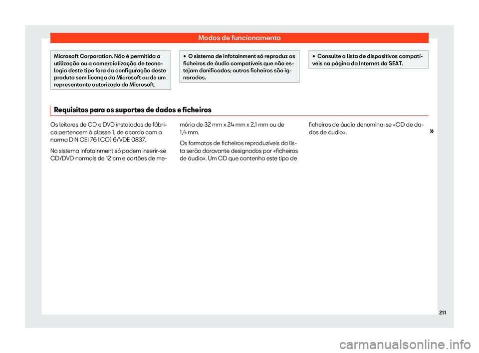 Seat Ateca 2020  Manual do proprietário (in Portuguese)  Modos de funcionamento
Microsoft Corporation. Não é permitida a
utiliz
ação ou a comer
cialização de tecno-
logia deste tipo fora da configuração deste
produto sem licença da Microsoft ou de 