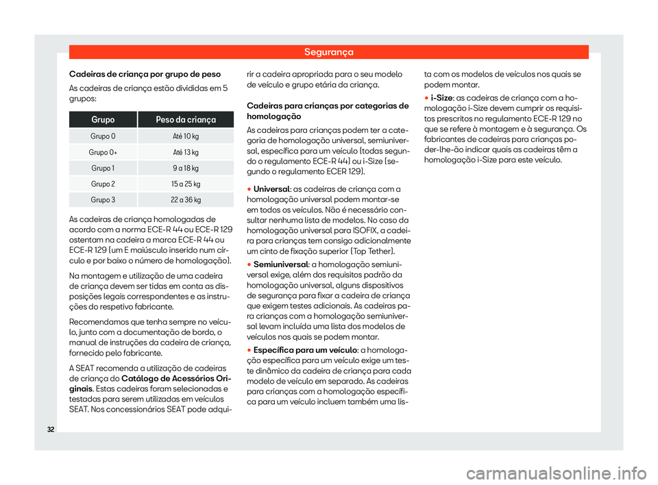 Seat Ateca 2020  Manual do proprietário (in Portuguese)  Segurança
Cadeiras de criança por grupo de peso
As cadeir as de criança est
ão divididas em 5
grupos: Grupo Peso da crian