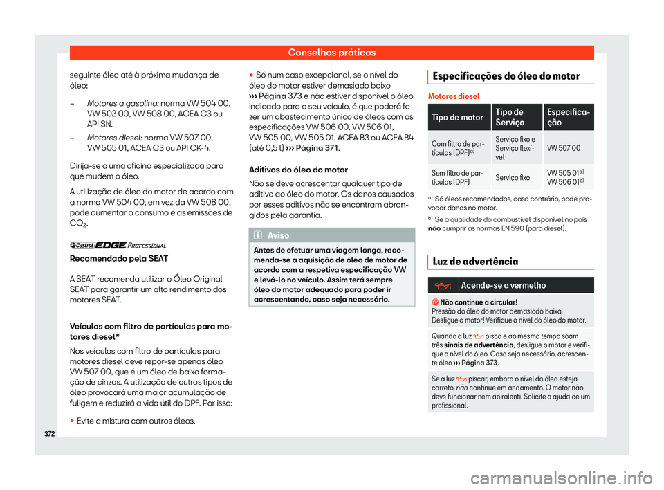 Seat Ateca 2020  Manual do proprietário (in Portuguese)  Conselhos práticos
seguinte óleo até à próxima mudança de
ól eo:
Mot
ores a gasolina: norma VW 504 00,
VW 502 00, VW 508 00, ACEA C3 ou
API SN.
Motores diesel: norma VW 507 00,
VW 505 01, ACEA 