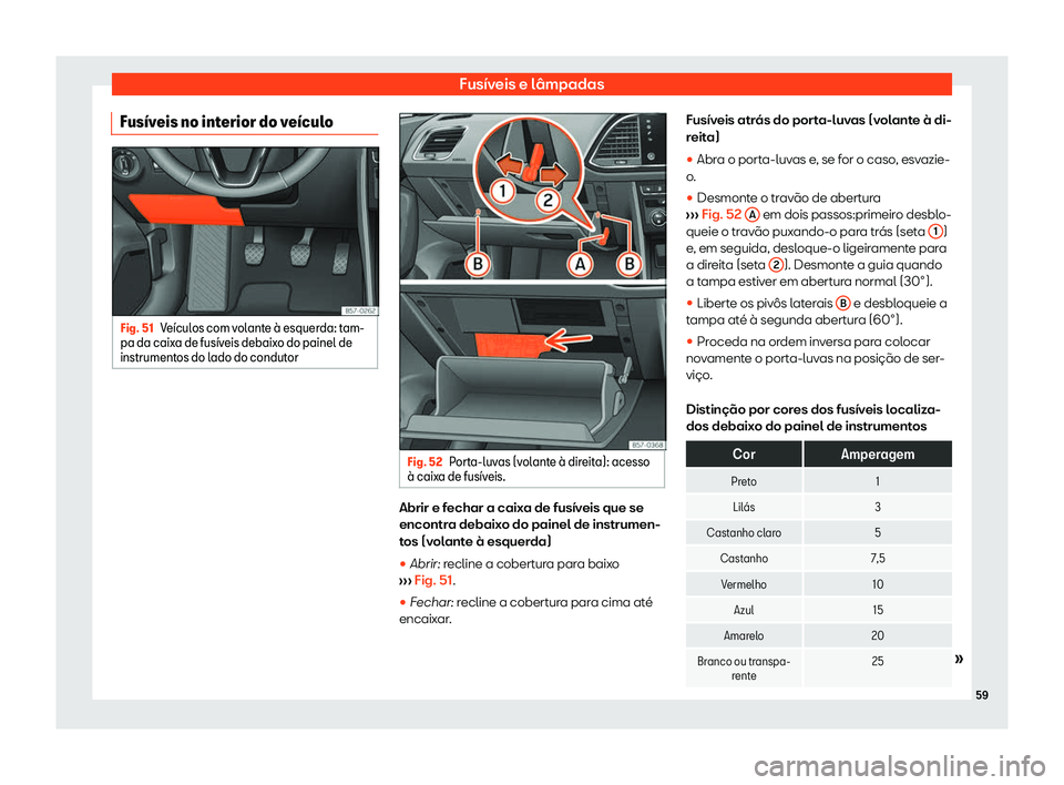 Seat Ateca 2020  Manual do proprietário (in Portuguese)  Fusíveis e lâmpadas
Fus