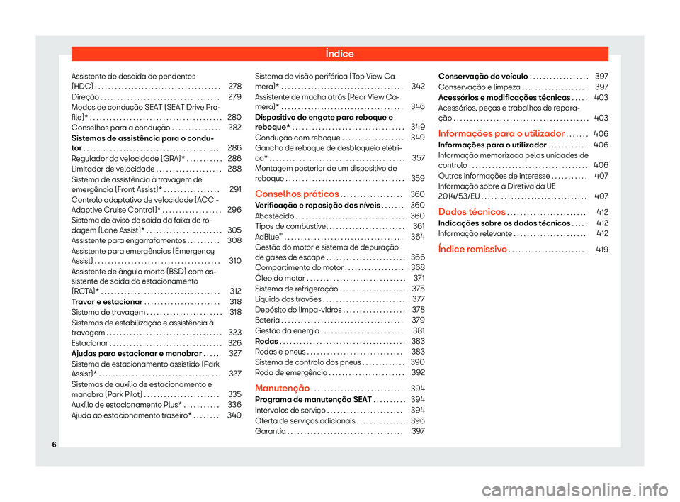 Seat Ateca 2020  Manual do proprietário (in Portuguese)  Índice
Assistente de descida de pendentes
(HDC) . . . . . . . . . . . . . . . . . . . . . . . . . . . . . . . . . . . . . . 278
Direção . . . . . . . . . . . . . . . . . . . . . . . . . . . . . . .