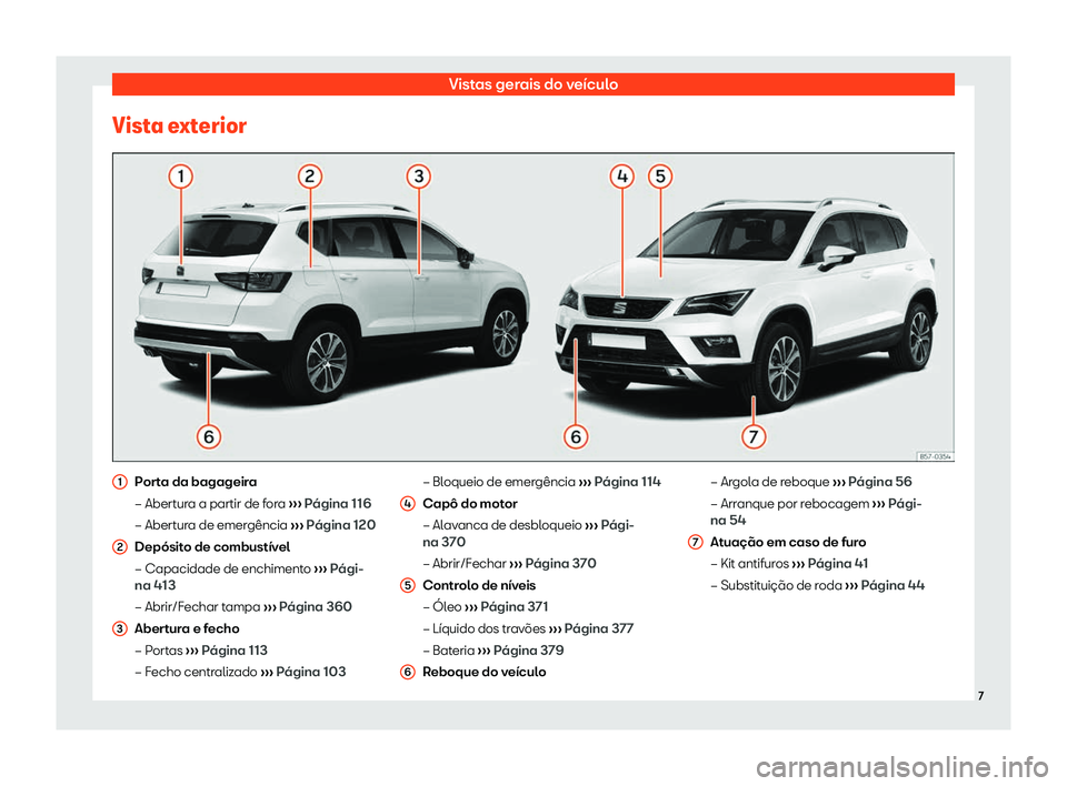 Seat Ateca 2020  Manual do proprietário (in Portuguese)  Vistas gerais do veículo
Vista exterior Porta da bagageira
– Abert
ur
a a partir de fora  ››› Página 116
– Abertura de emergência  ››› Página 120
Depósito de combustível
– Capa