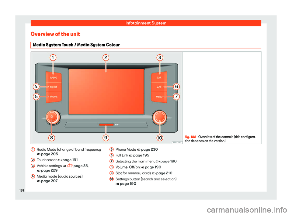 Seat Ateca 2019  Owners Manual Infotainment System
Overview of the unit Media Syst em T
ouch / Media Syst
em Colour Fig. 188 
Overview of the controls (this configura-
tion depends on the v ersion).Radio Mode (change of band freque